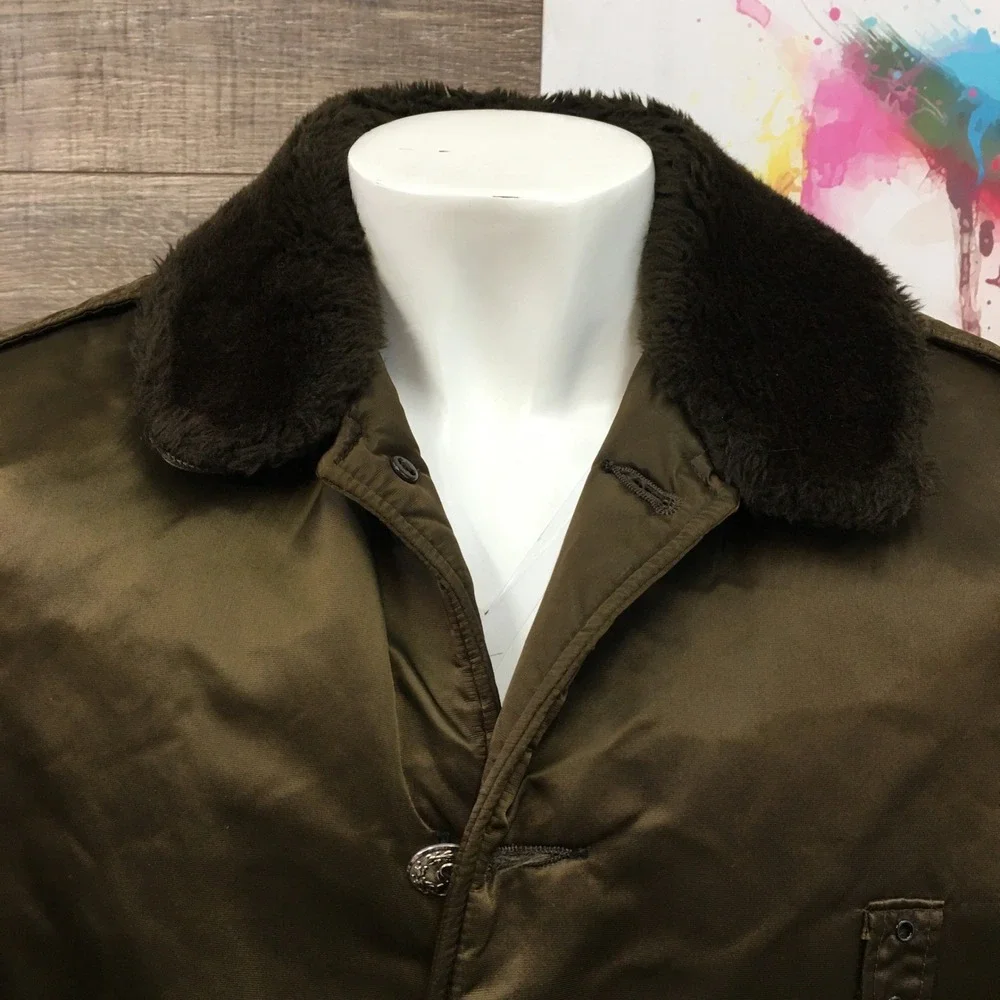 Vintage Tuffy Mens Bomber Flight Jacket Olive Brown Faux‎ Fur Collar Quilted 44